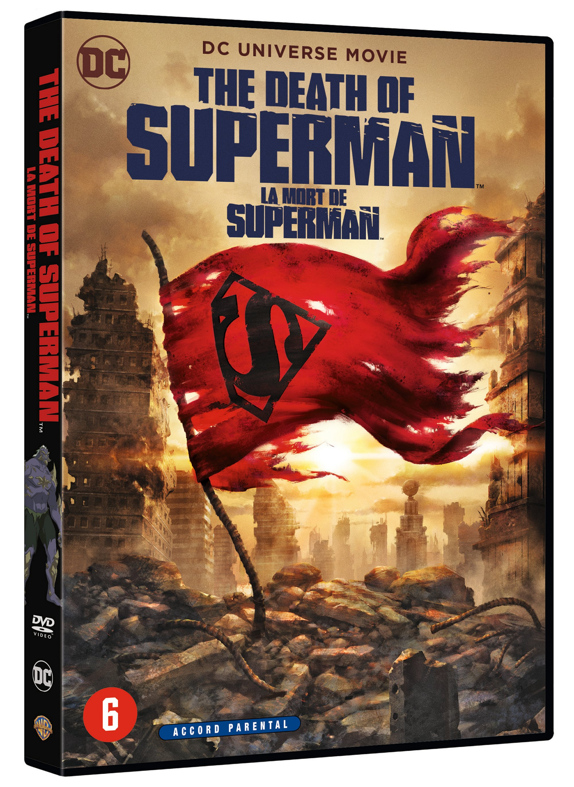 Couverture DVD du film : La Mort de Superman. Drapeau rouge de Superman devant une ville détruite.