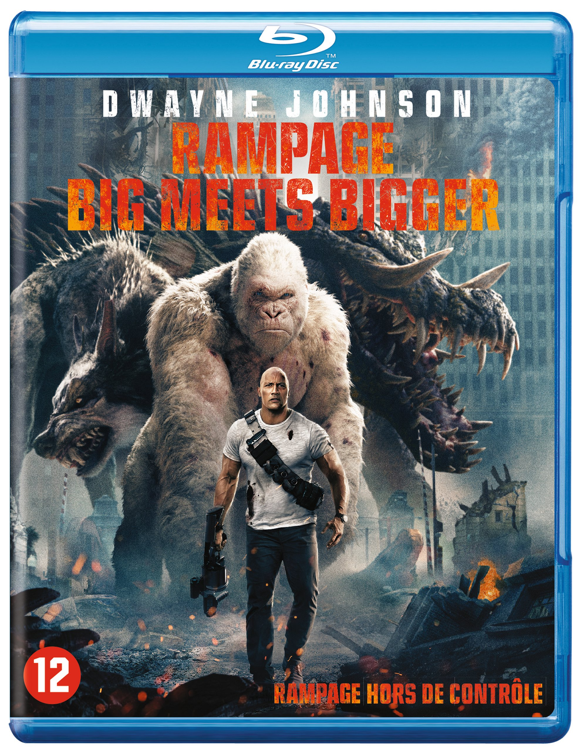 Blu-ray-hoes van de film Rampage met Dwayne Johnson, gigantische gorilla, wolf en draak. Filmtitel en beoordeling zichtbaar.