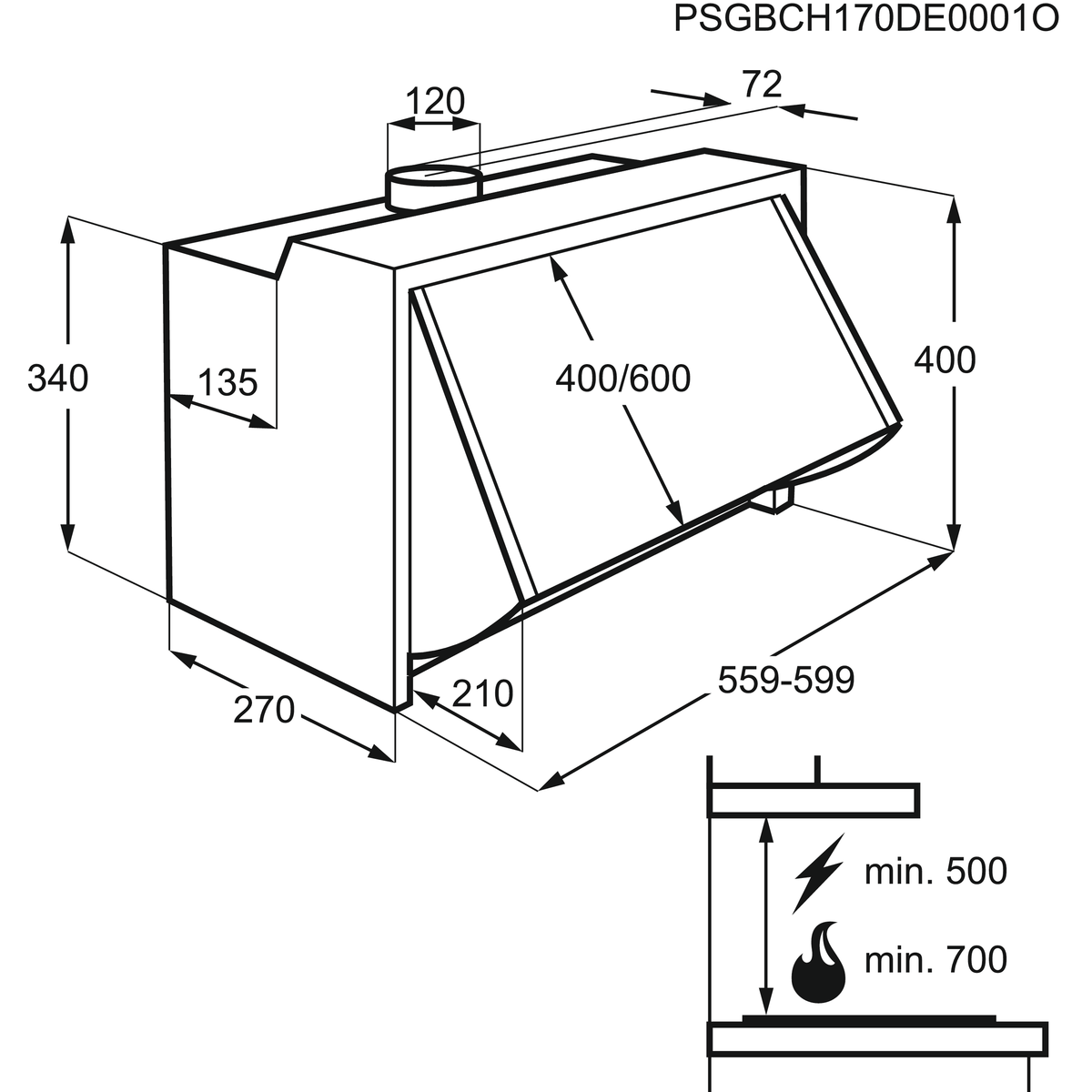 Diagramm einer Dunstabzugshaube mit Abmessungen in mm. Sie hat eine rechteckige Form mit abgeschrägter Front.