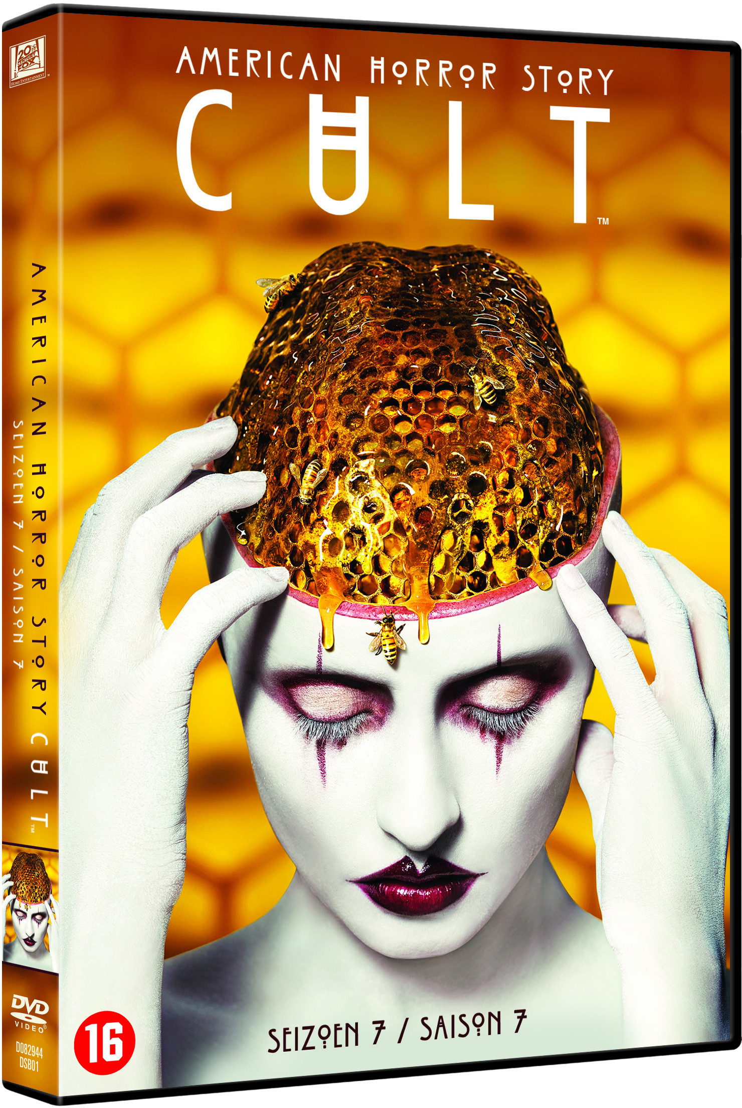 Couverture DVD d'American Horror Story : femme à la tête couverte de miel, abeilles et accents rouges.