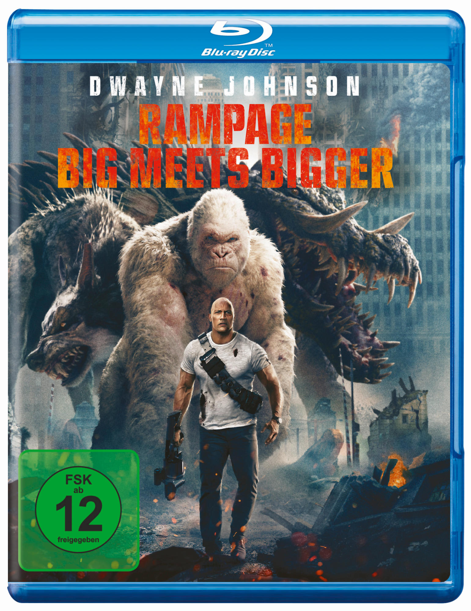 Blu-ray-Cover: Dwayne Johnson steht Monstern gegenüber. Titel: Rampage. Gorilla, Wolf und drachenartige Kreaturen in zerstörter Stadt.