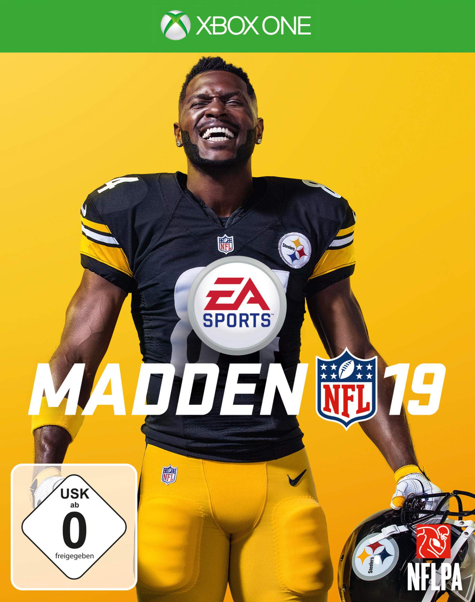 Madden NFL 19-Spielcover. Ein Footballspieler in schwarz-gelber Uniform lächelt.