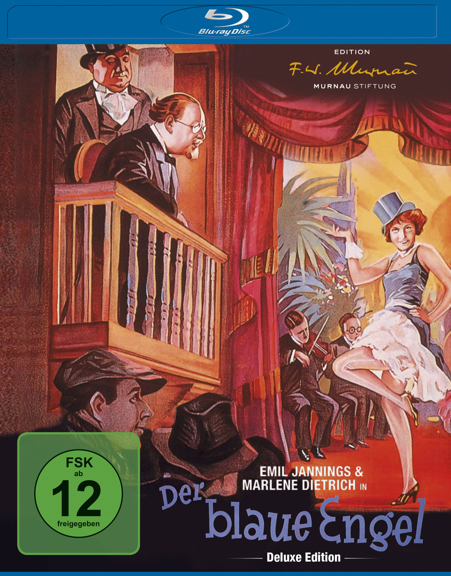 Blu-ray-Cover eines Films mit Schauspielern und einer Bühnenszene. Der Titel lautet 'Der blaue Engel'.