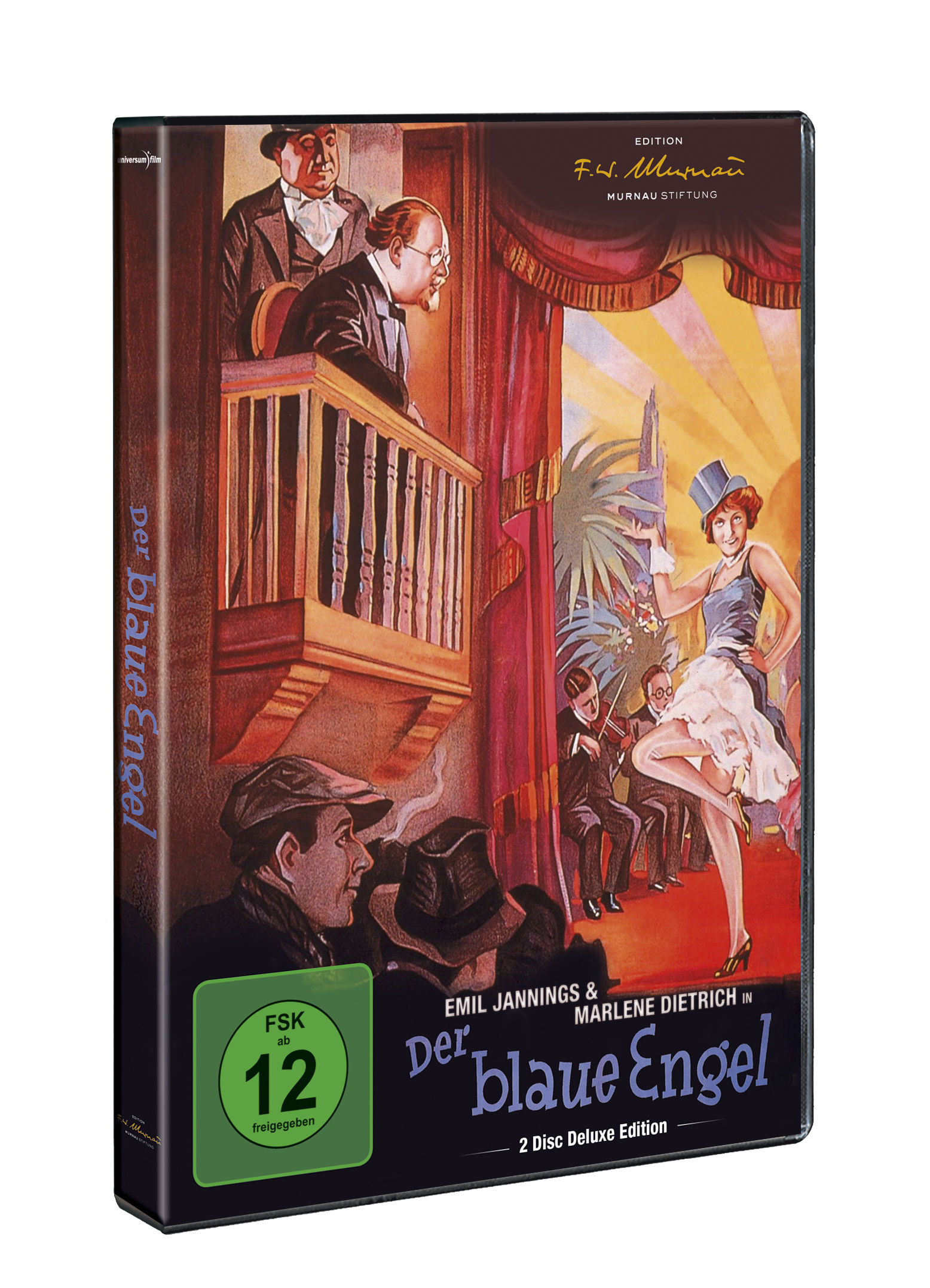 DVD-Hülle des Films 'Der Blaue Engel'. Eine Frau tanzt rechts. Männer sind oben.