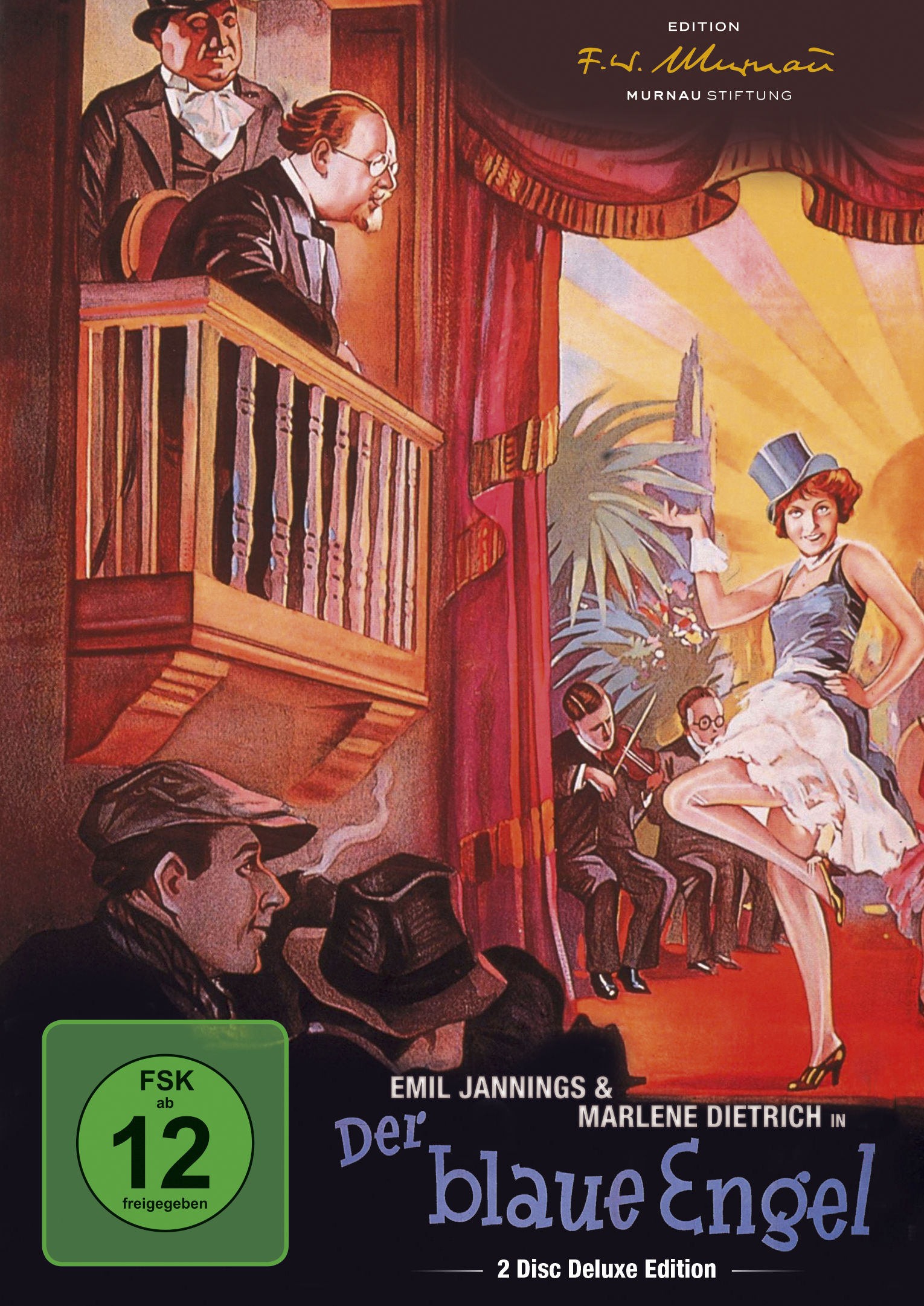 Filmposter. Eine Frau in einem blauen Kleid tanzt auf einer Bühne, im Hintergrund Männer. Der Titel lautet „Der blaue Engel“.