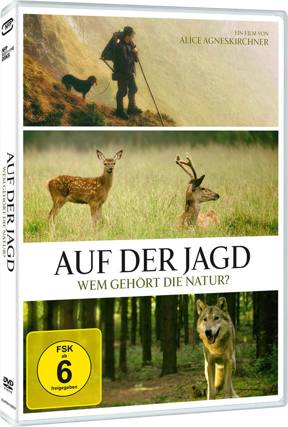 DVD-Cover: Waldszene, Hirsch, Wolf und Jäger. Text: Auf der Jagd, Wem gehört die Natur?