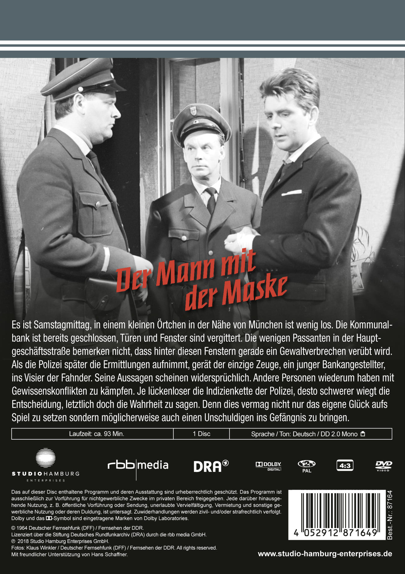 DVD-Cover von 'Der Mann mit der Maske', drei Männer in Anzügen, Schwarzweiß.