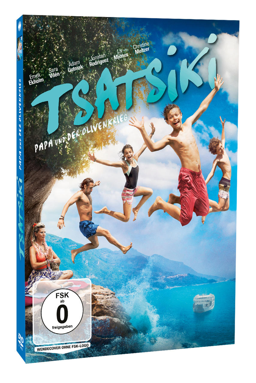 DVD-Cover von Tsatsiki mit springenden Kindern und einem Boot.