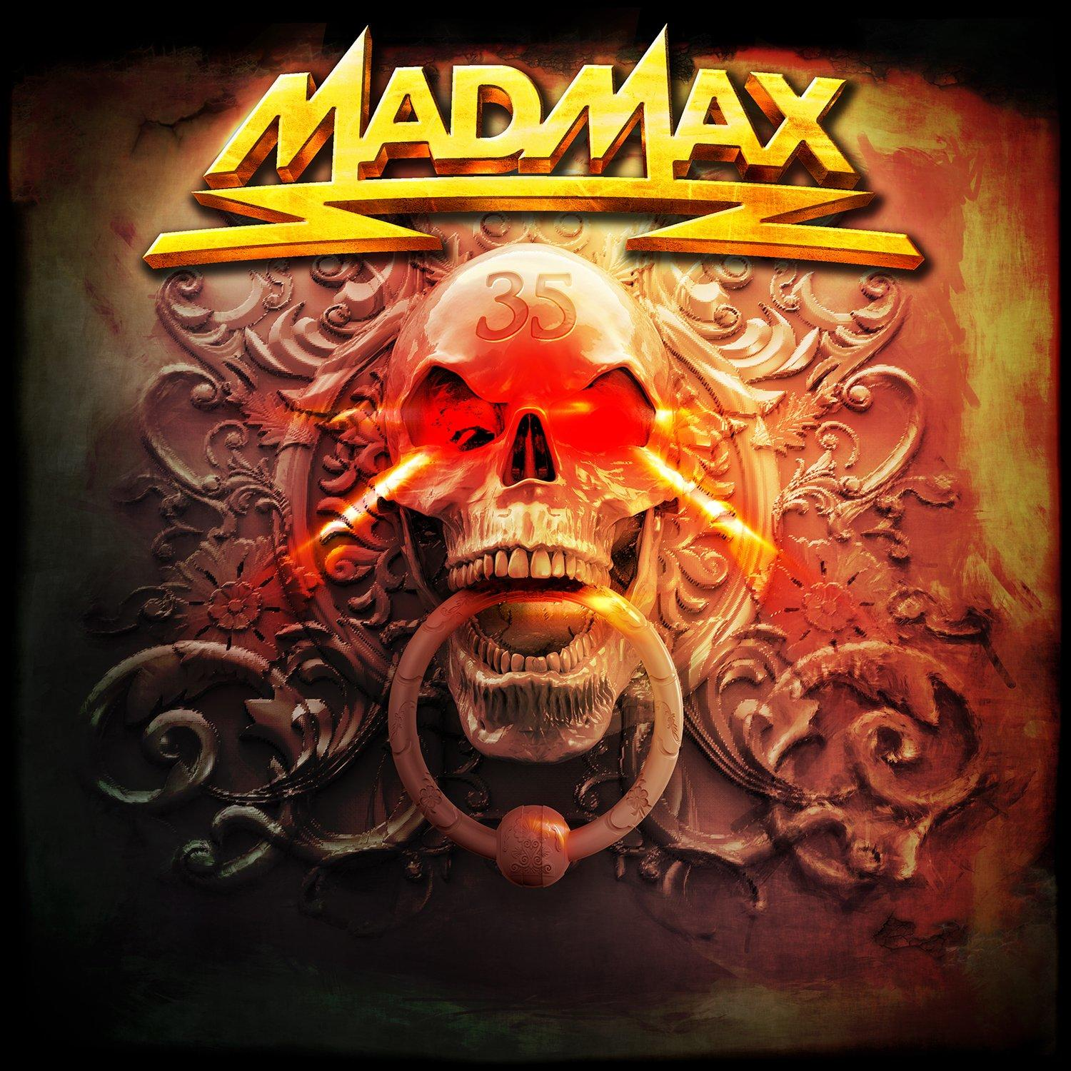 Albumcover für Mad Max. Ein Schädel mit leuchtenden Augen und Türring.