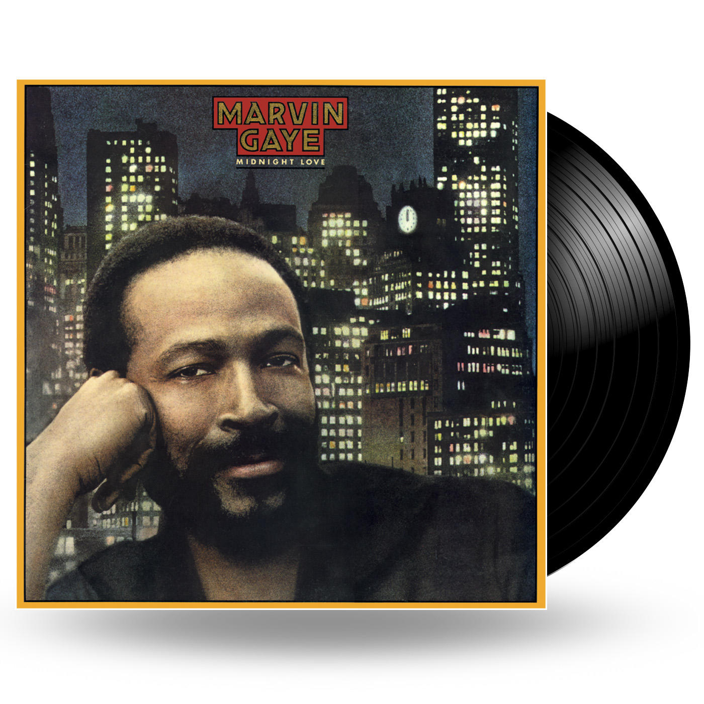 Marvin Gayes 'Midnight Love' Albumcover mit Nacht-Stadtbild und seinem Porträt auf Vinyl.