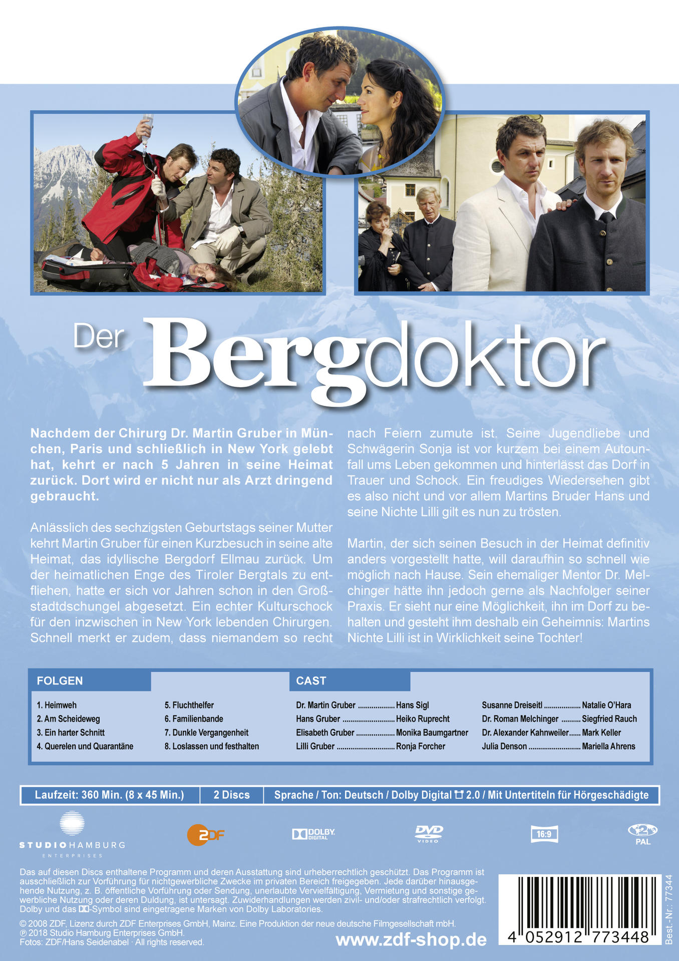 DVD-Cover für die Serie "Der Bergdoktor" mit Fotos der Besetzung und Episodendetails.