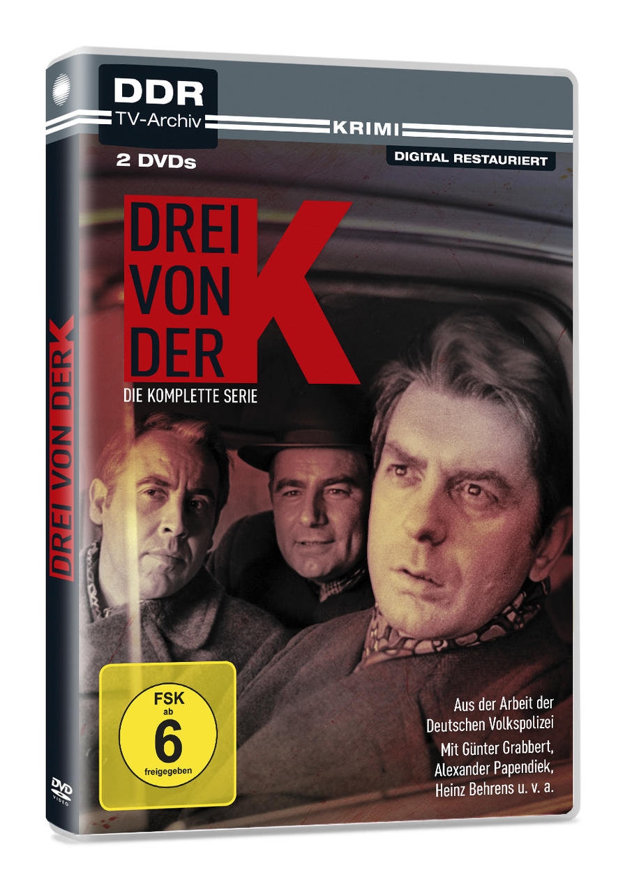 DVD-Cover von Drei von der K. Drei Männer in einem Auto. Text: Die komplette Serie. FSK 6 Logo.