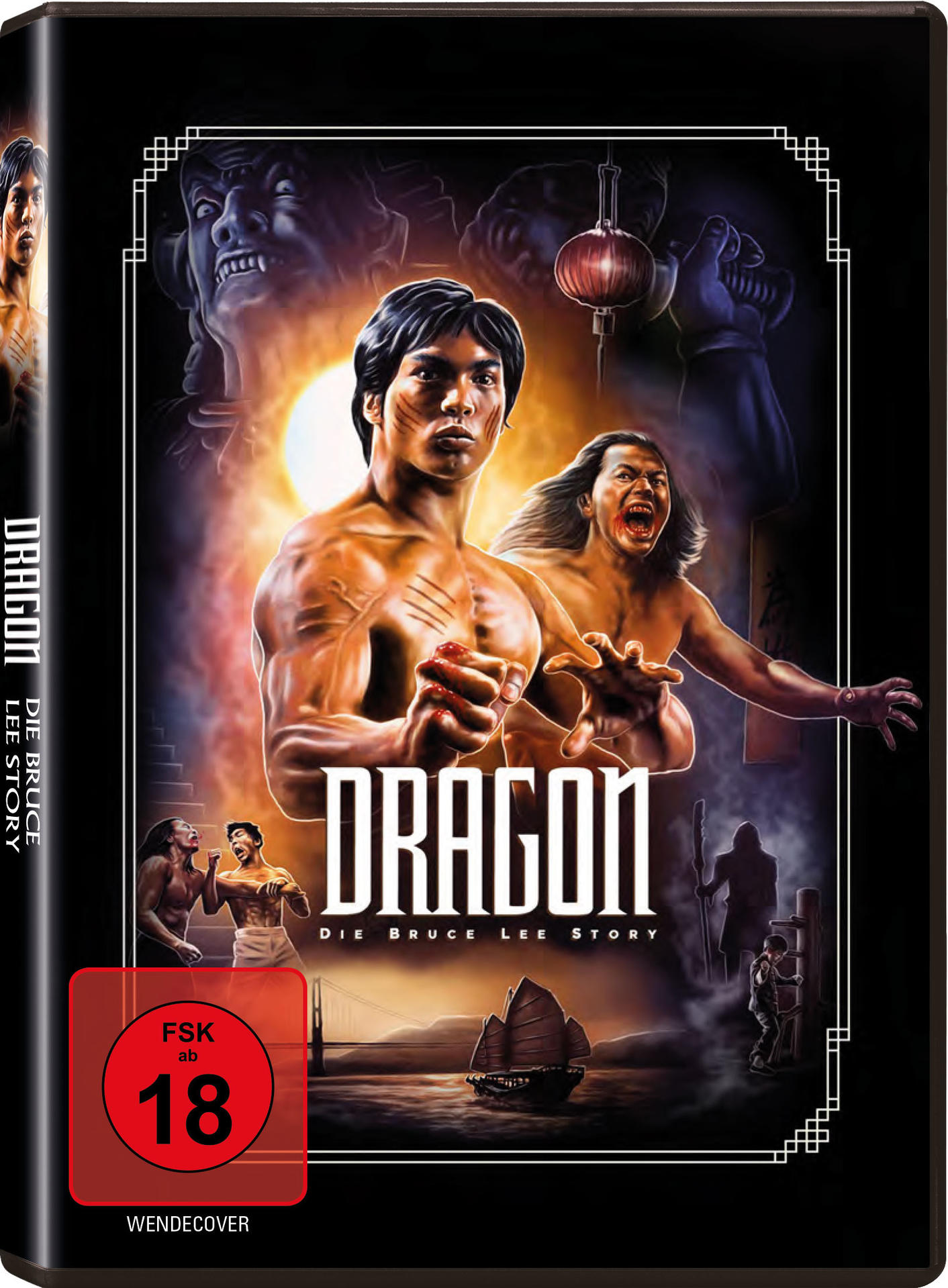 Filmplakat: Bruce Lee, Schauspieler, Titel 'Dragon', Actionszene, Hintergrund asiatischer Figuren.