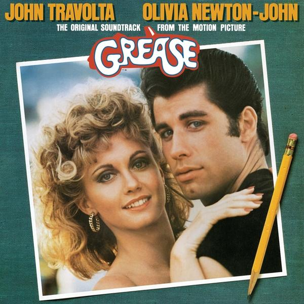 Grease-Soundtrack-Cover mit John Travolta und Olivia Newton-John. Ein Bleistift ist rechts.