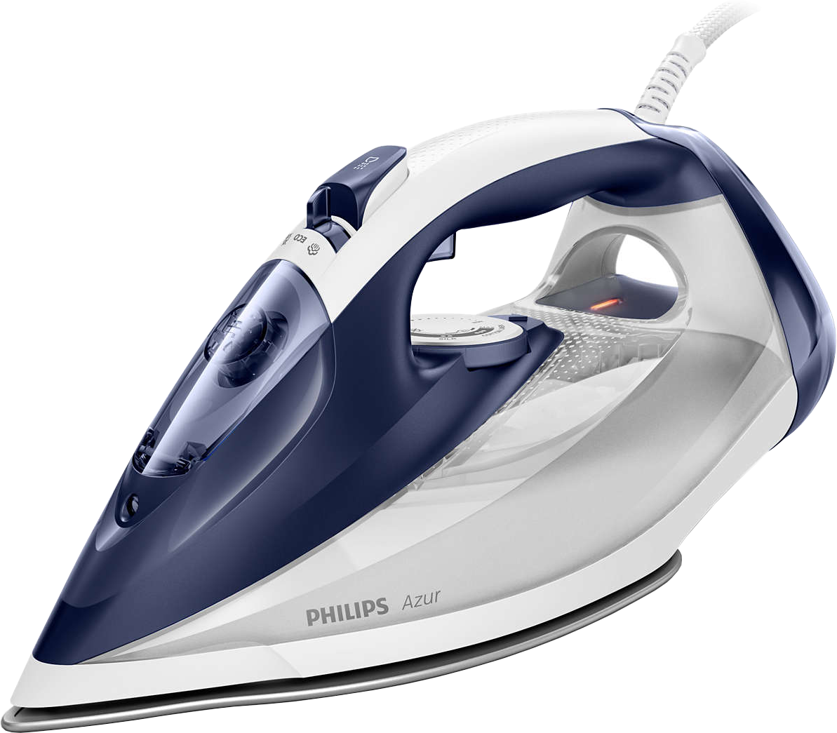 Un fer à repasser Philips Azur, blanc et bleu foncé avec un réservoir d'eau translucide. Le fond est uni.
