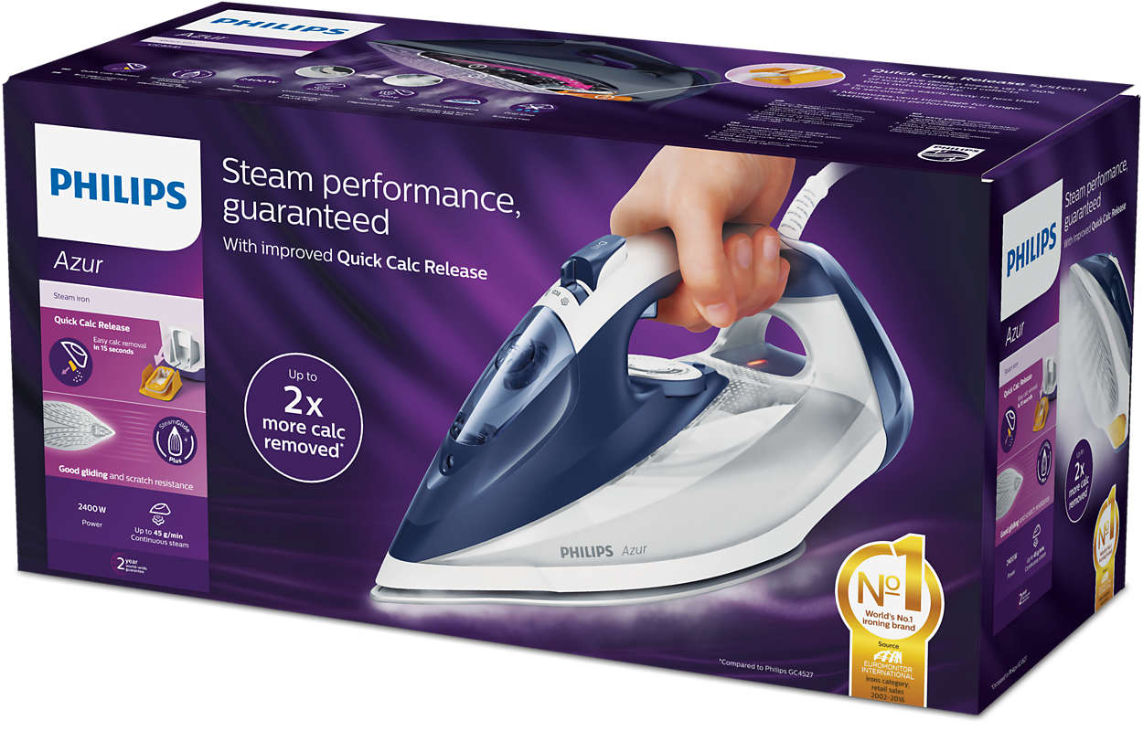 Boîte de fer à repasser Philips Azur. Main tenant le fer. Texte : Performance vapeur garantie. Jusqu'à 2x plus de calcaire éliminé.