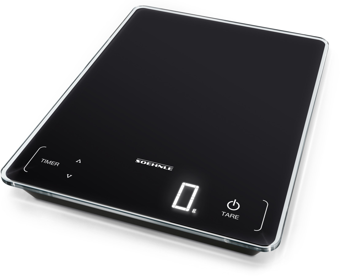 Schwarze digitale Küchenwaage mit Glasoberfläche. Anzeige zeigt Null. Timer und Tare-Tasten.