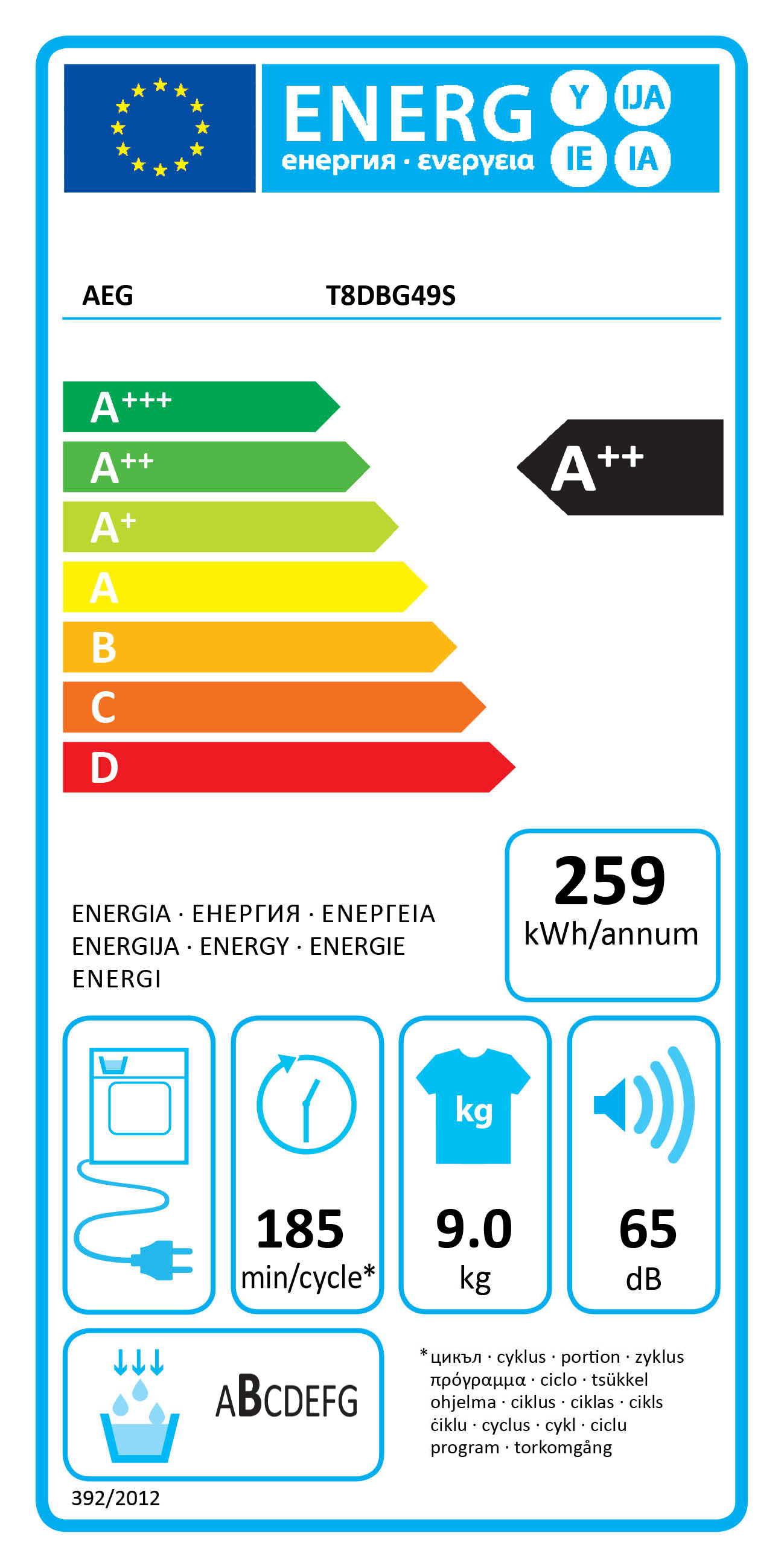 AEG T8DBG49S Hőszivattyús szárítógép, 9 kg, inverter motor, LCD kijelző, A++
