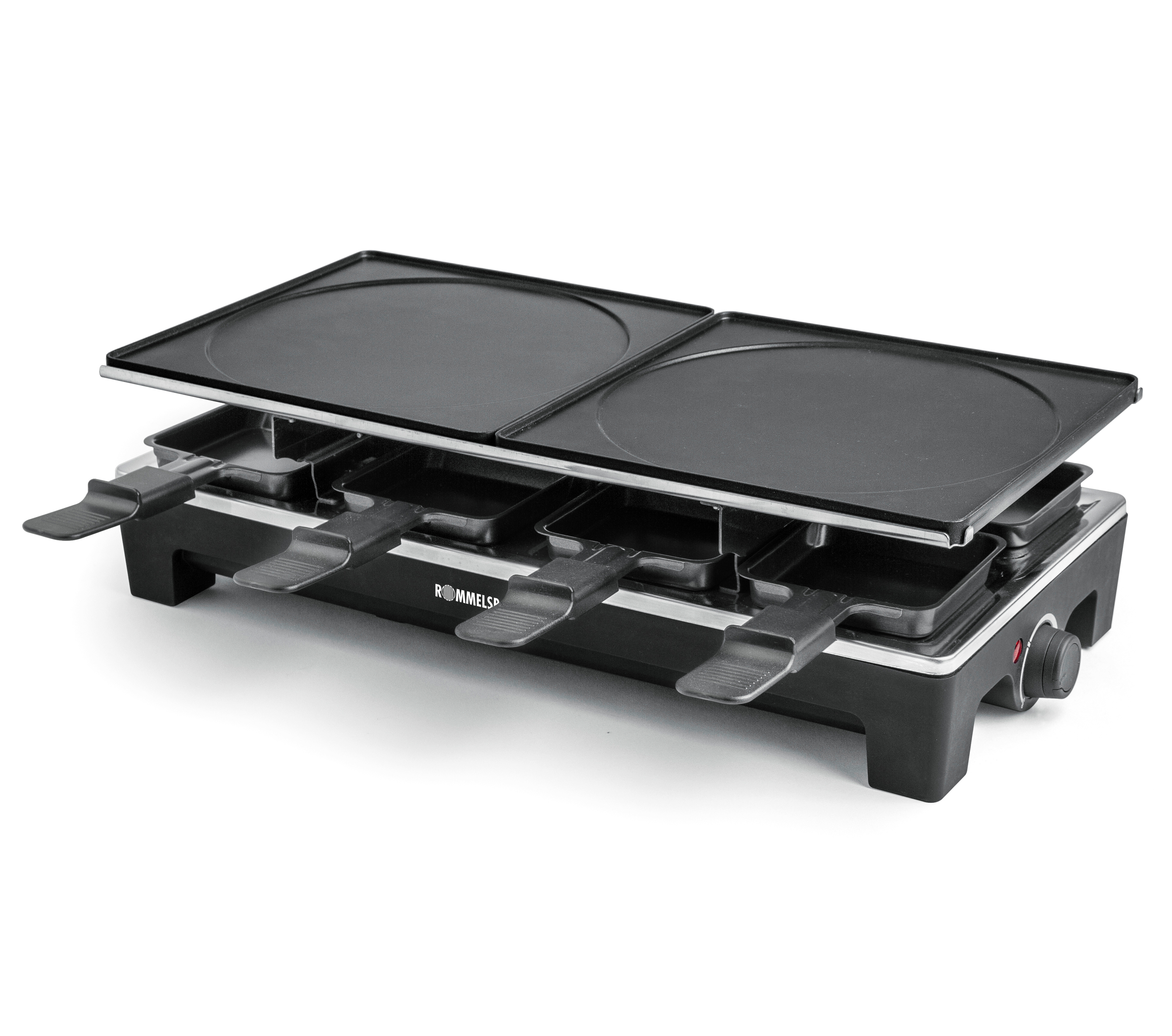 Raclette-Grill mit zwei Kochflächen und vier Käsehaltern.