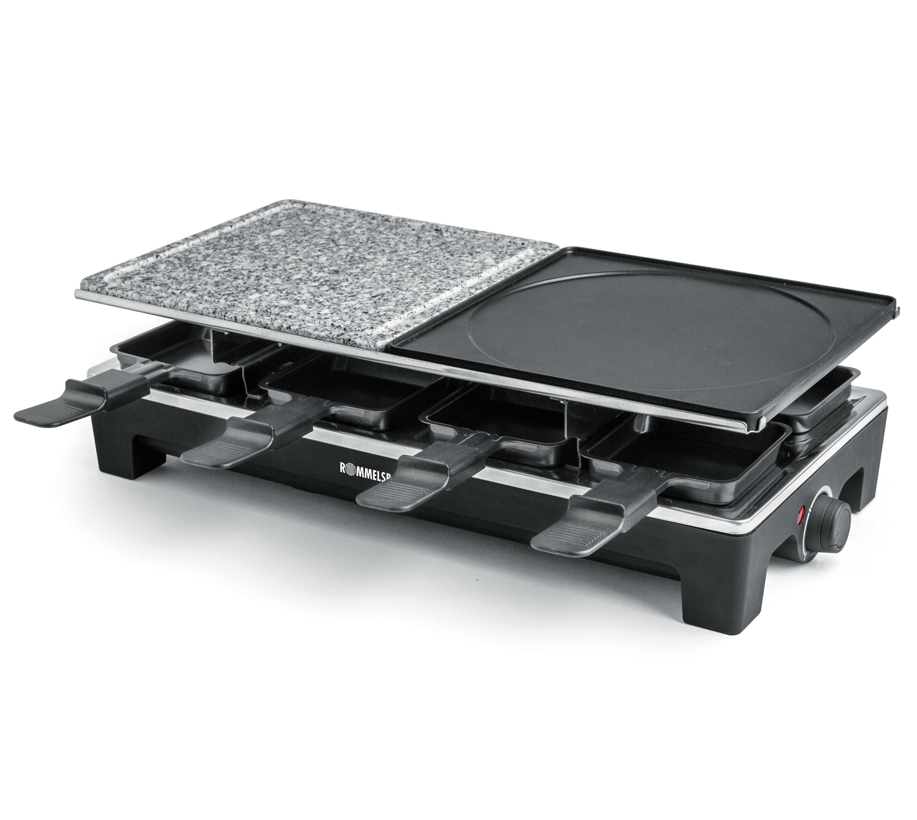 Raclette-Grill. Schwarze Basis mit Heizelementen, zwei Kochflächen und Bedienknopf.