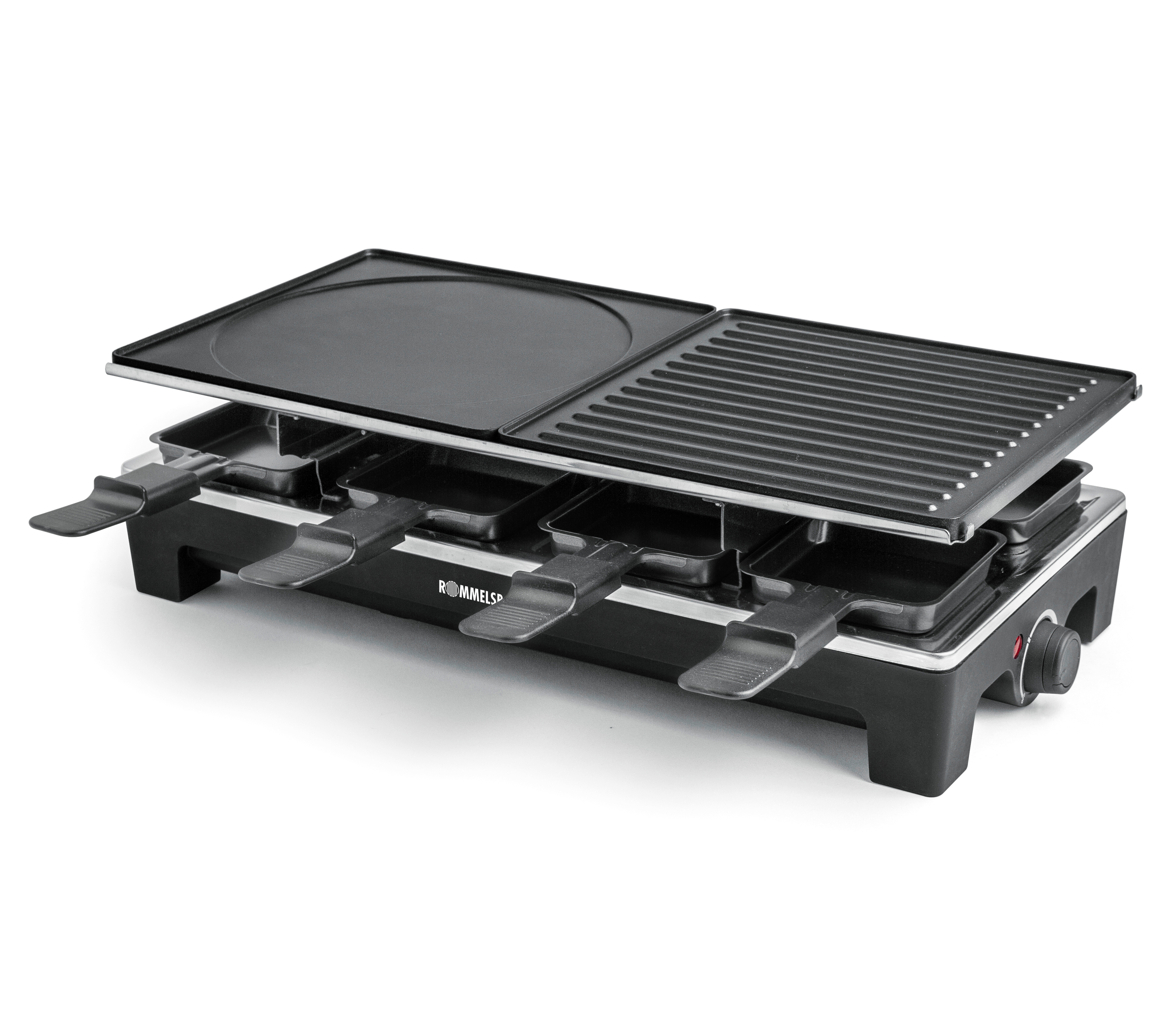 Ein schwarzer Raclette-Grill mit Käseschalen und einer Grillplatte.