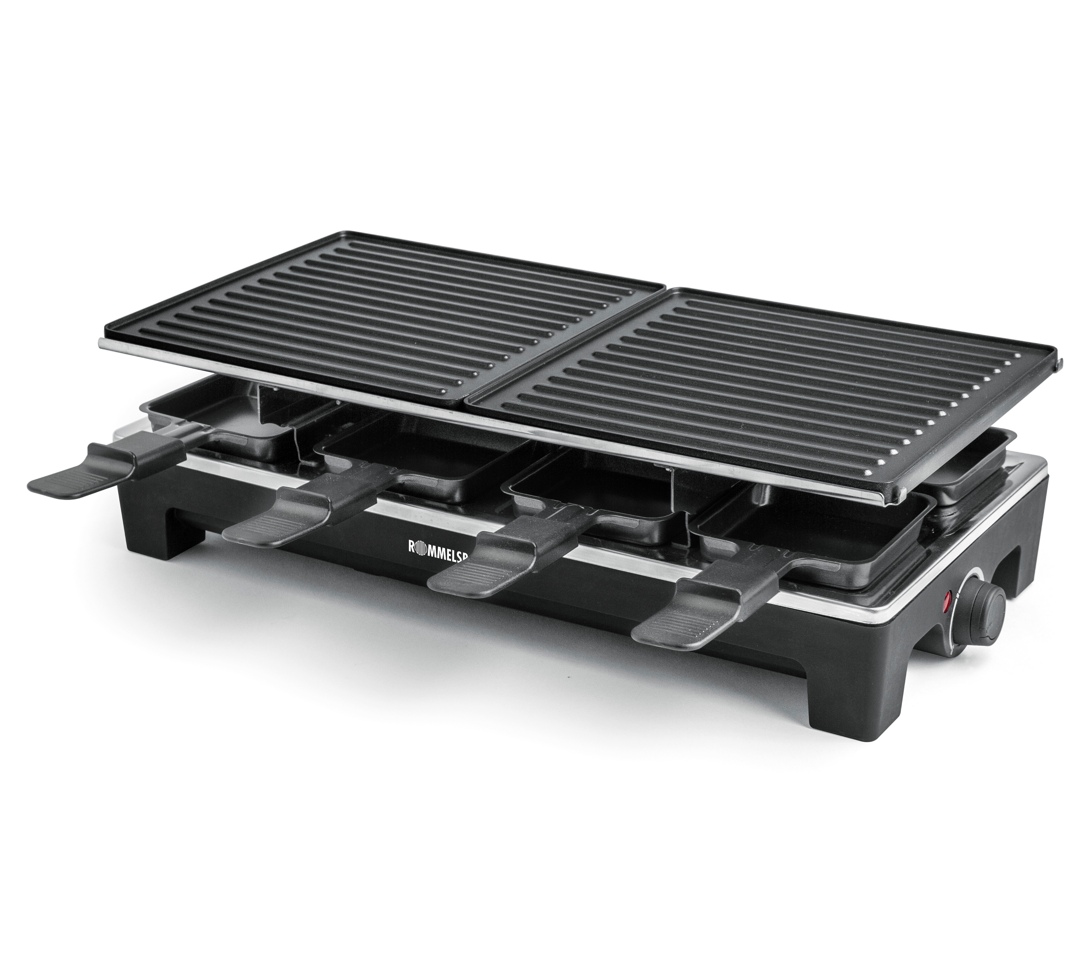 Ein schwarzer Raclette-Grill mit vier Käseschalen und einer Grillplatte.