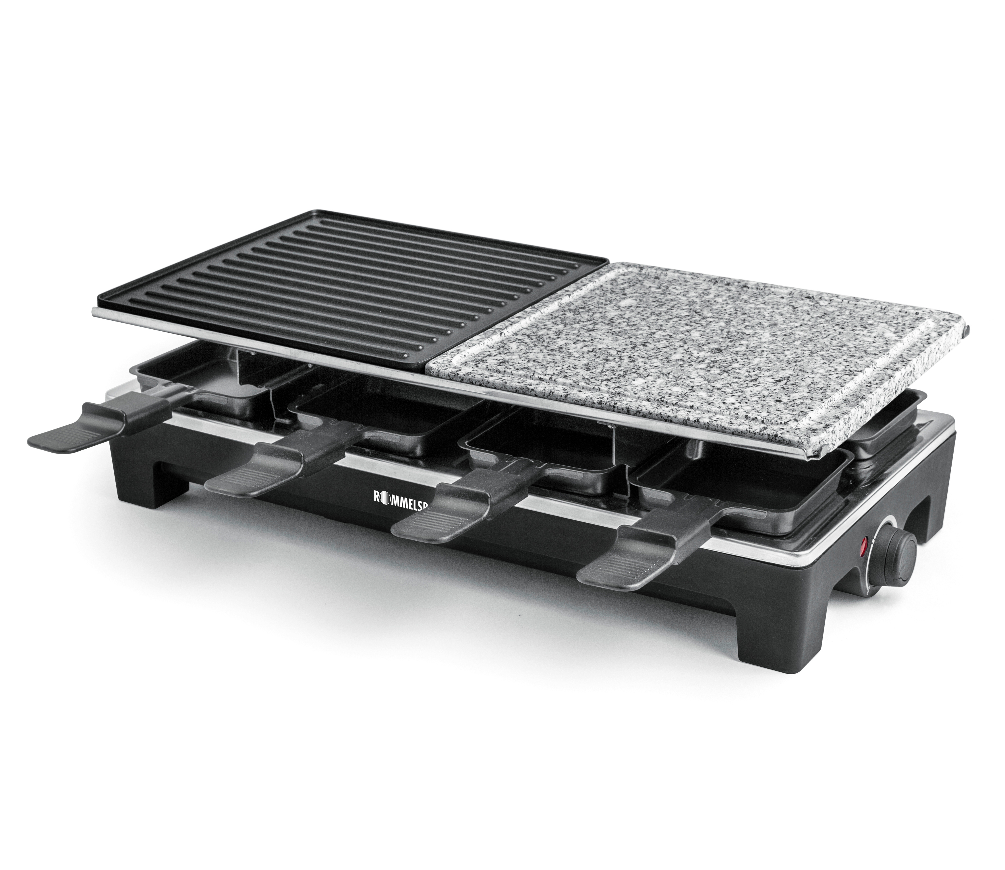 Raclette-Grill mit Kochflächen. Zwei Oberflächen: eine geriffelt, eine glatt. Schwarze Basis, silberne Griffe.