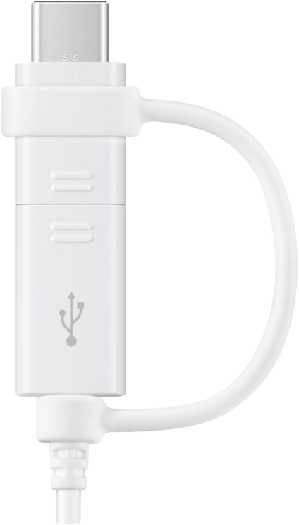 Fehér USB-C-USB adapter hurokkal, fehér háttér előtt.