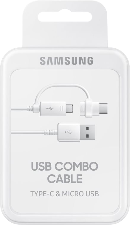 Egy fehér USB kombó kábel csomagolása. Tartalmaz egy USB-C és egy Micro USB kábelt.