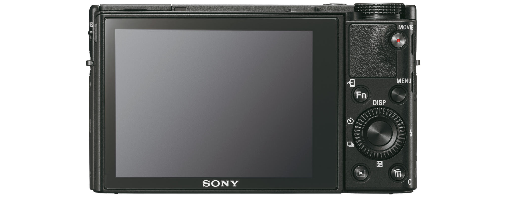 Black Sony camera's back side. Screen showing black display, buttons and controls.