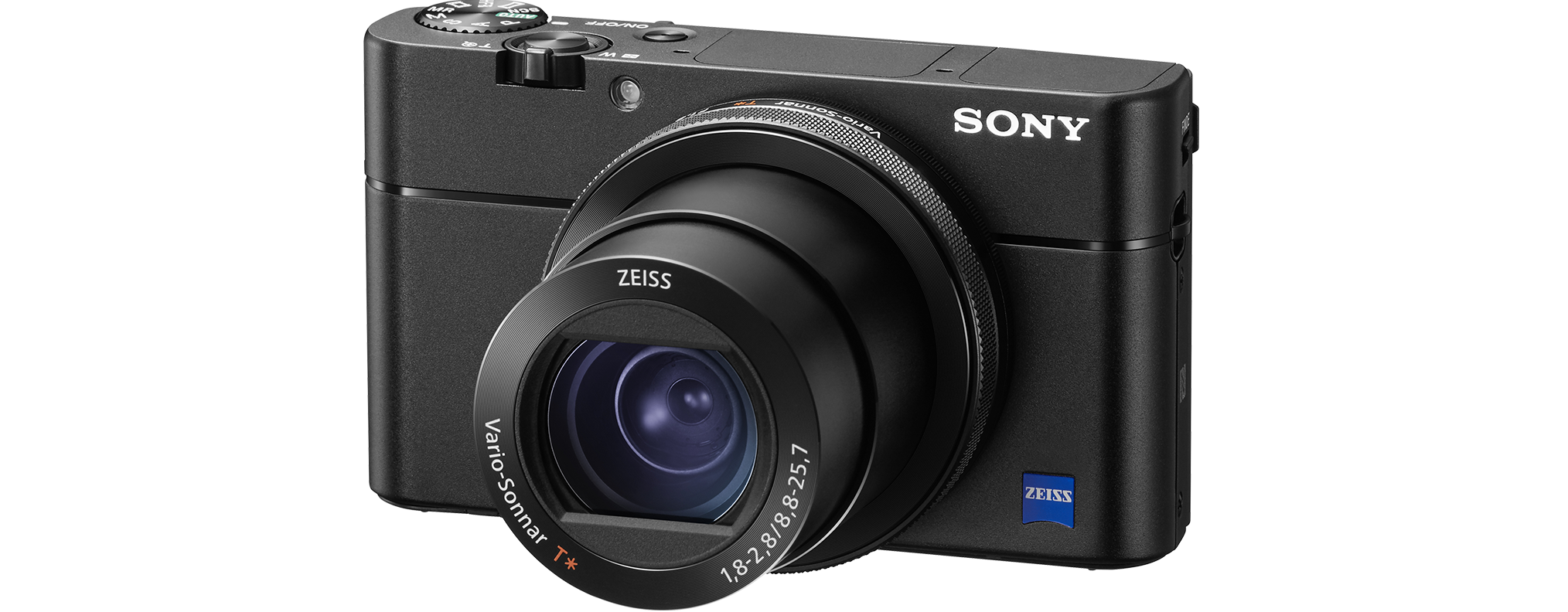 A black Sony digital camera with a Zeiss lens, showing the lens and camera body.