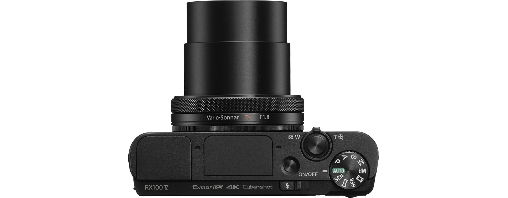 Top view of a black Sony RX100 VII camera with a lens and control buttons.