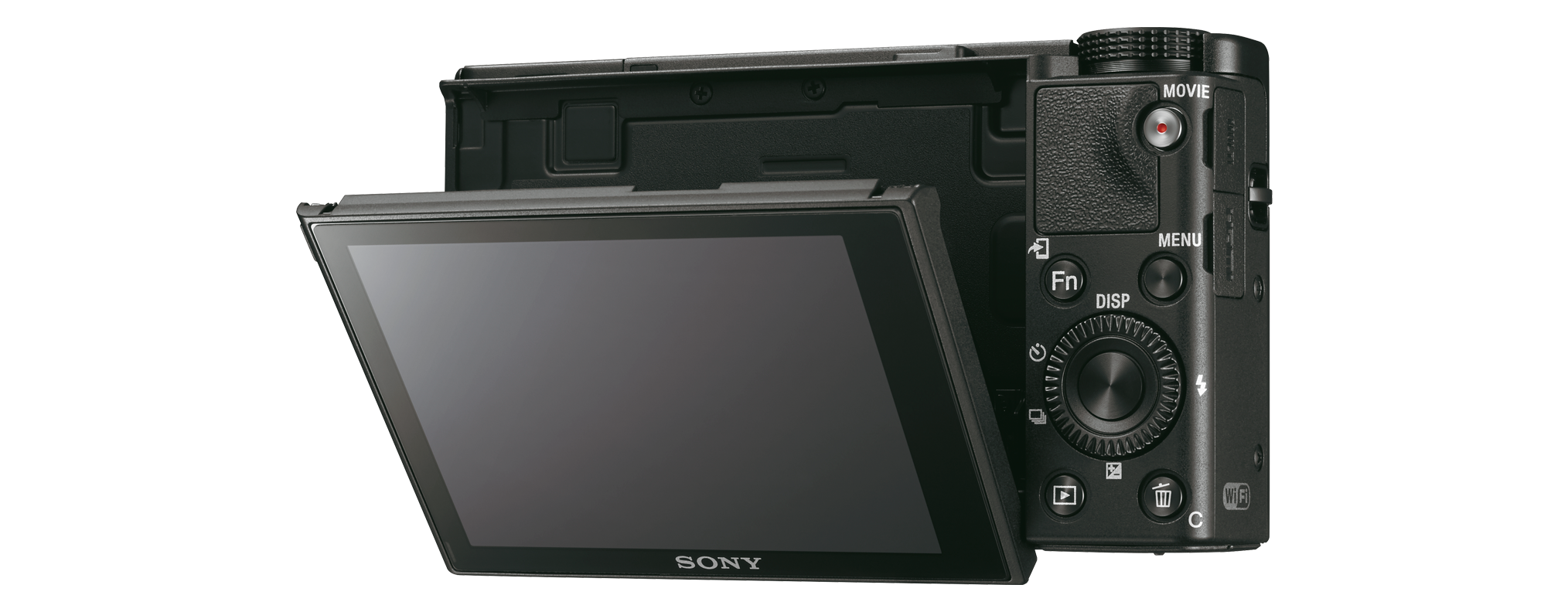 Black camera with a screen open. The screen displays black background.