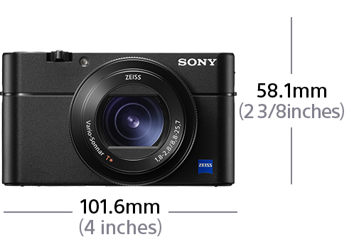 Eine schwarze Sony Kamera mit Objektiv und einer Messung von 10 cm an der Seite.