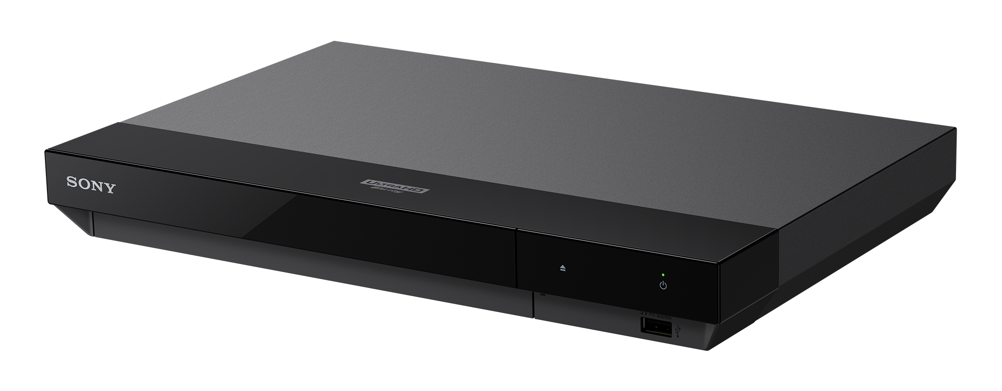 Schwarzer Sony Blu-ray-Player, schräge Ansicht. Der Player befindet sich auf einer dunklen Oberfläche. Die Frontplatte hat einen Ein-/Ausschalter.