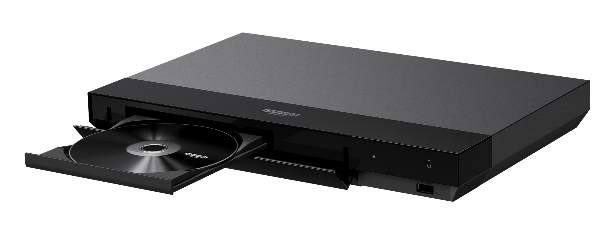 Ein schwarzer Ultra HD Blu-ray-Player mit teilweise geöffnetem Laufwerk, das eine Disc zeigt.