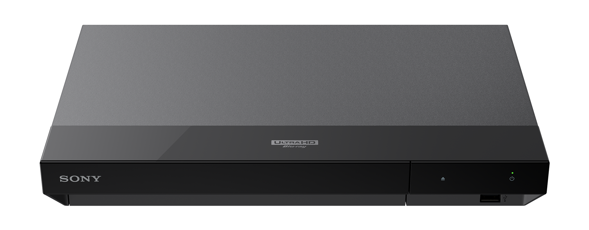 Ein schwarzer Sony Blu-ray-Player auf schwarzem Hintergrund mit dem Ultra HD Blu-ray-Logo.