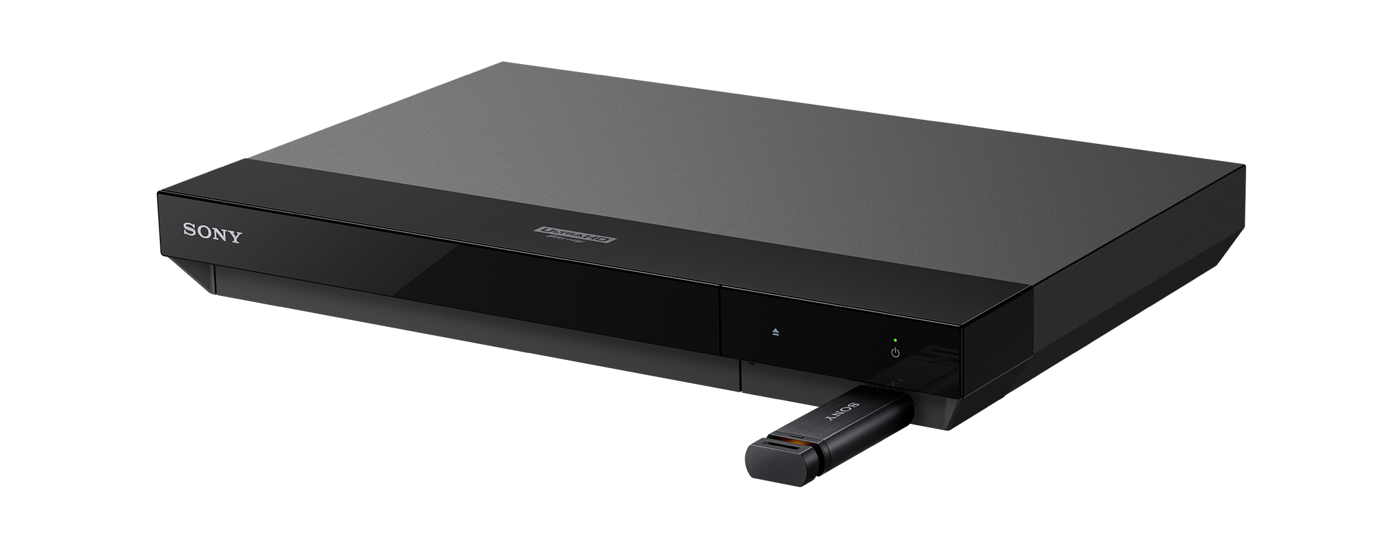 Ein schwarzer Sony Blu-ray-Player mit eingestecktem USB-Dongle, auf Schwarz.