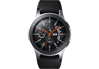 SAMSUNG Galaxy Watch 46mm Bluetooth + Wireless Charger Duo schwarz + Echtlederarmband schwarz Smartwatch Edelstahl Silikon, S, L, Silber