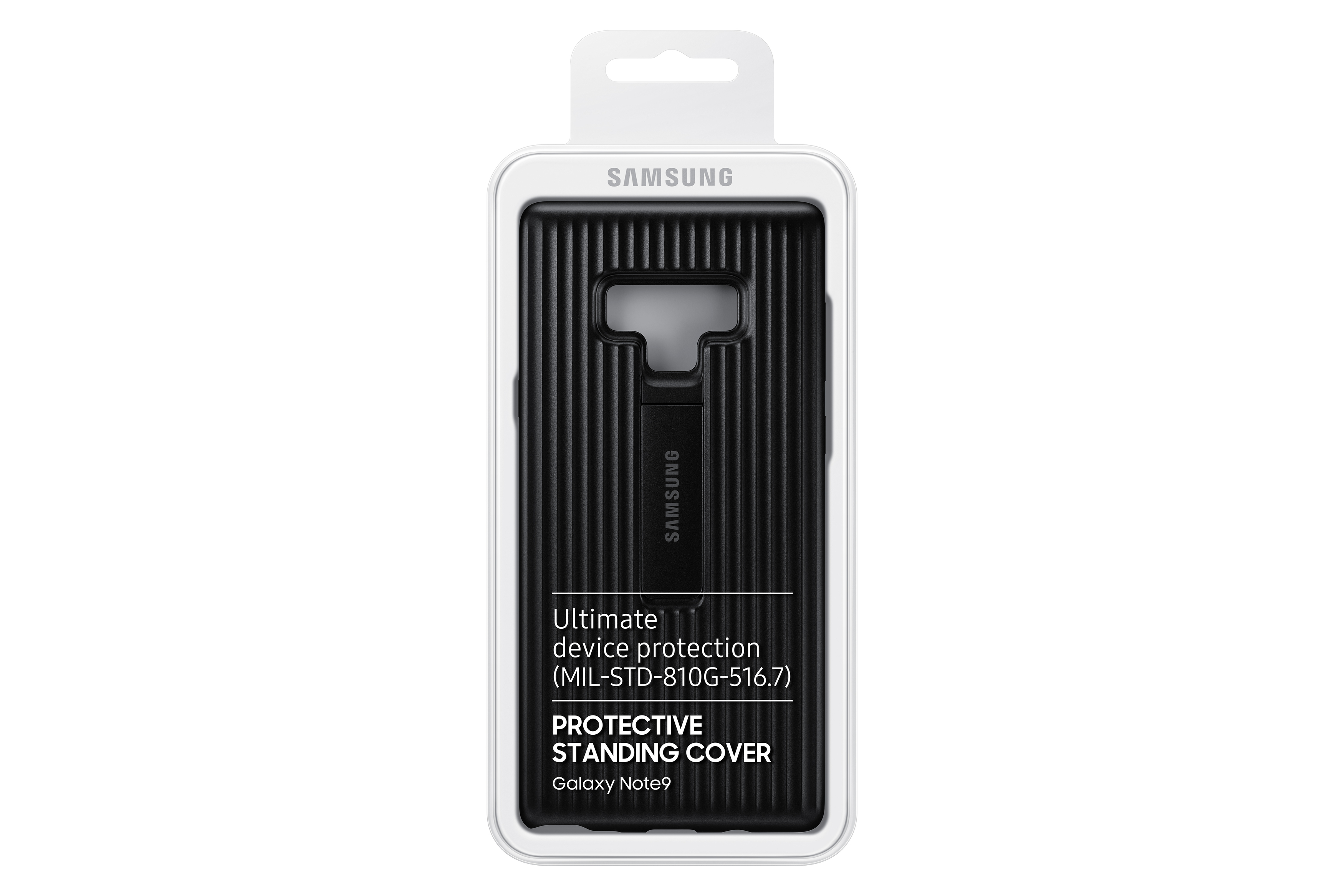 Eine Samsung-Handyhülle in einer Verpackung, mit einem Ständer.