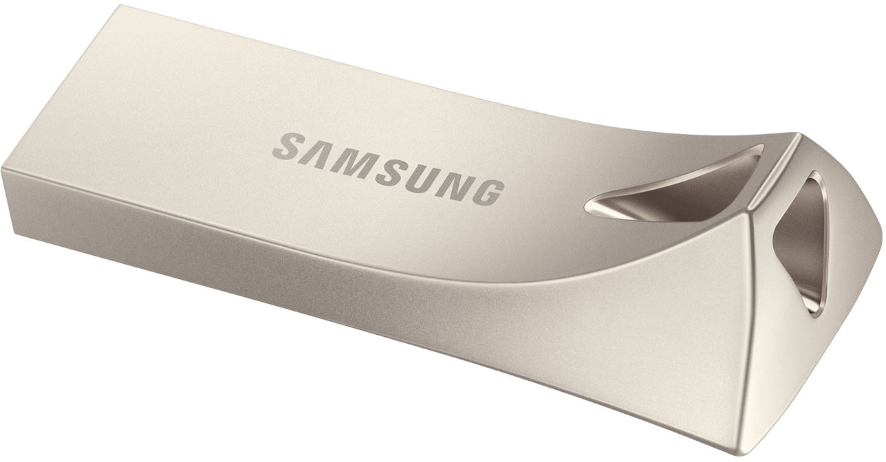 Clé USB SAMSUNG argentée. Design incurvé, avec le logo SAMSUNG.