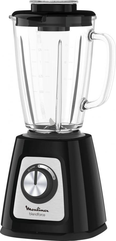 A black blender with a glass pitcher, a dial, and a black lid.