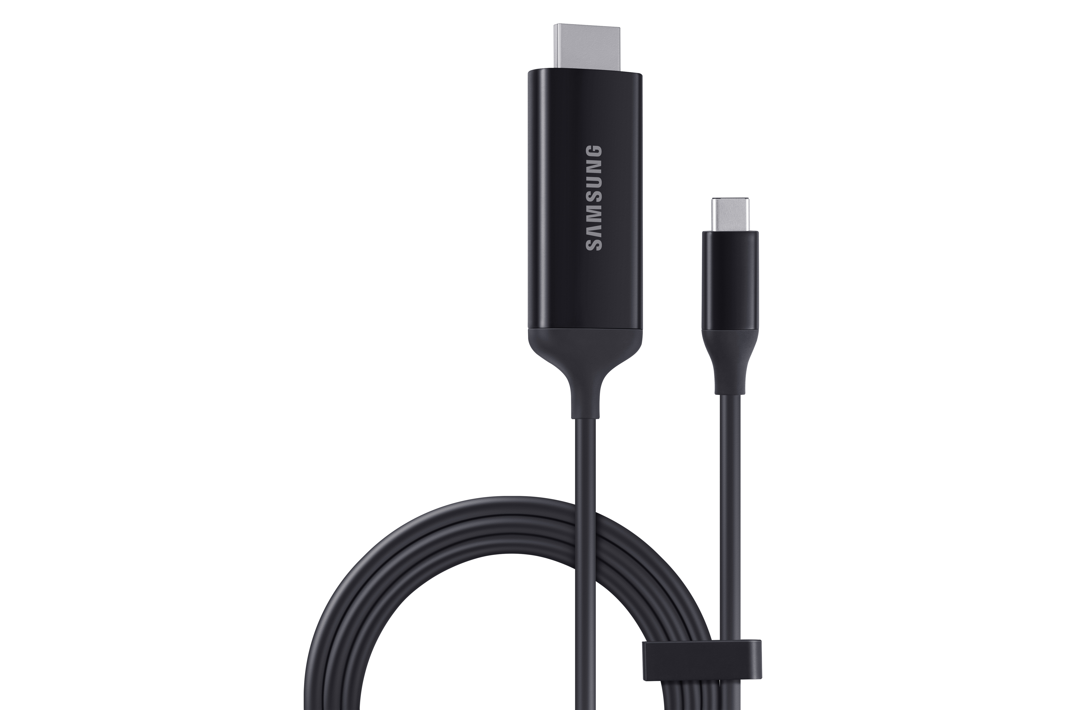 Schwarzes USB-C-auf-USB-C-Kabel. Ein Ende hat einen USB-C-Stecker, das andere einen USB-C-Anschluss.