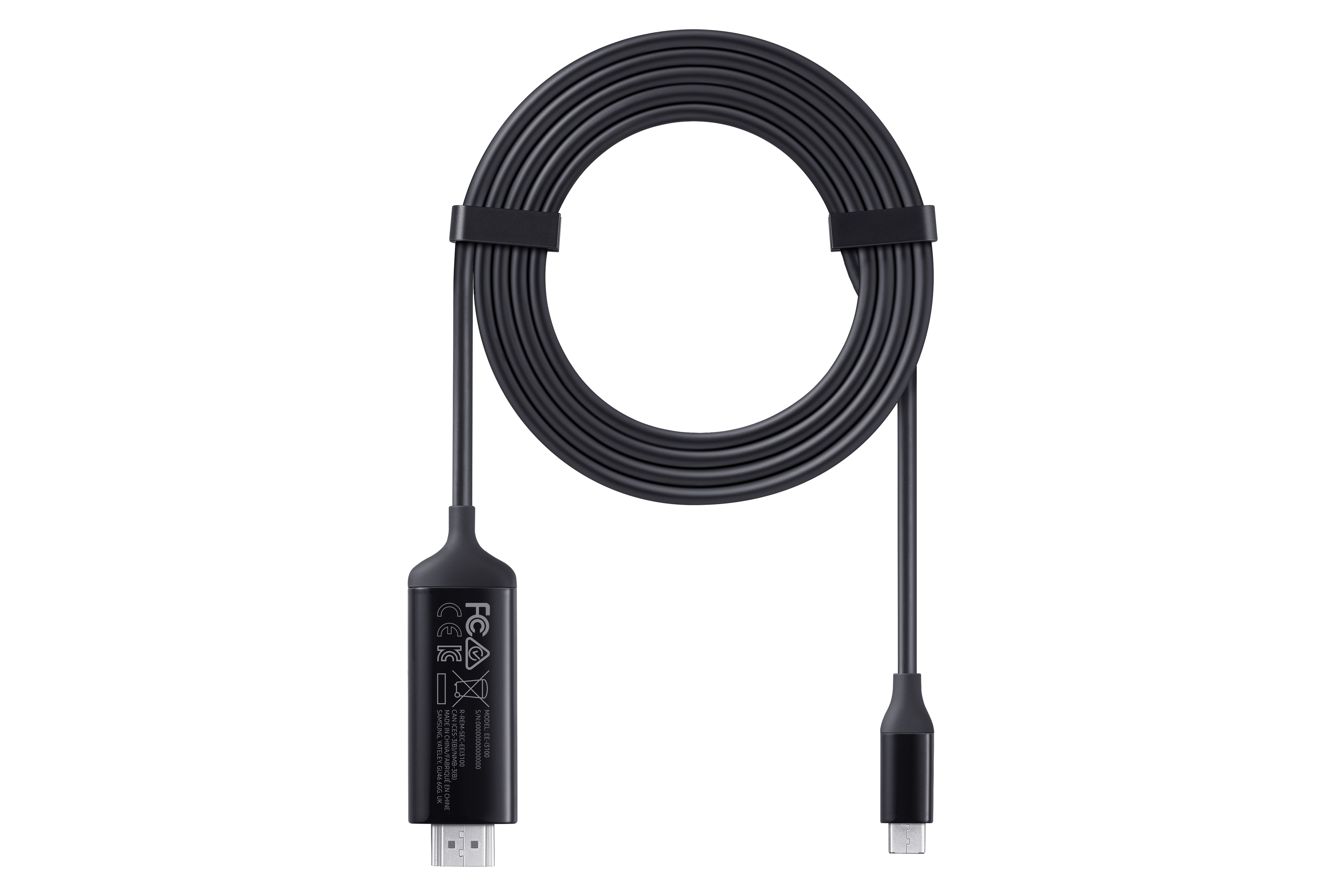 Schwarzes HDMI-Kabel, aufgerollt, mit Steckern an beiden Enden.