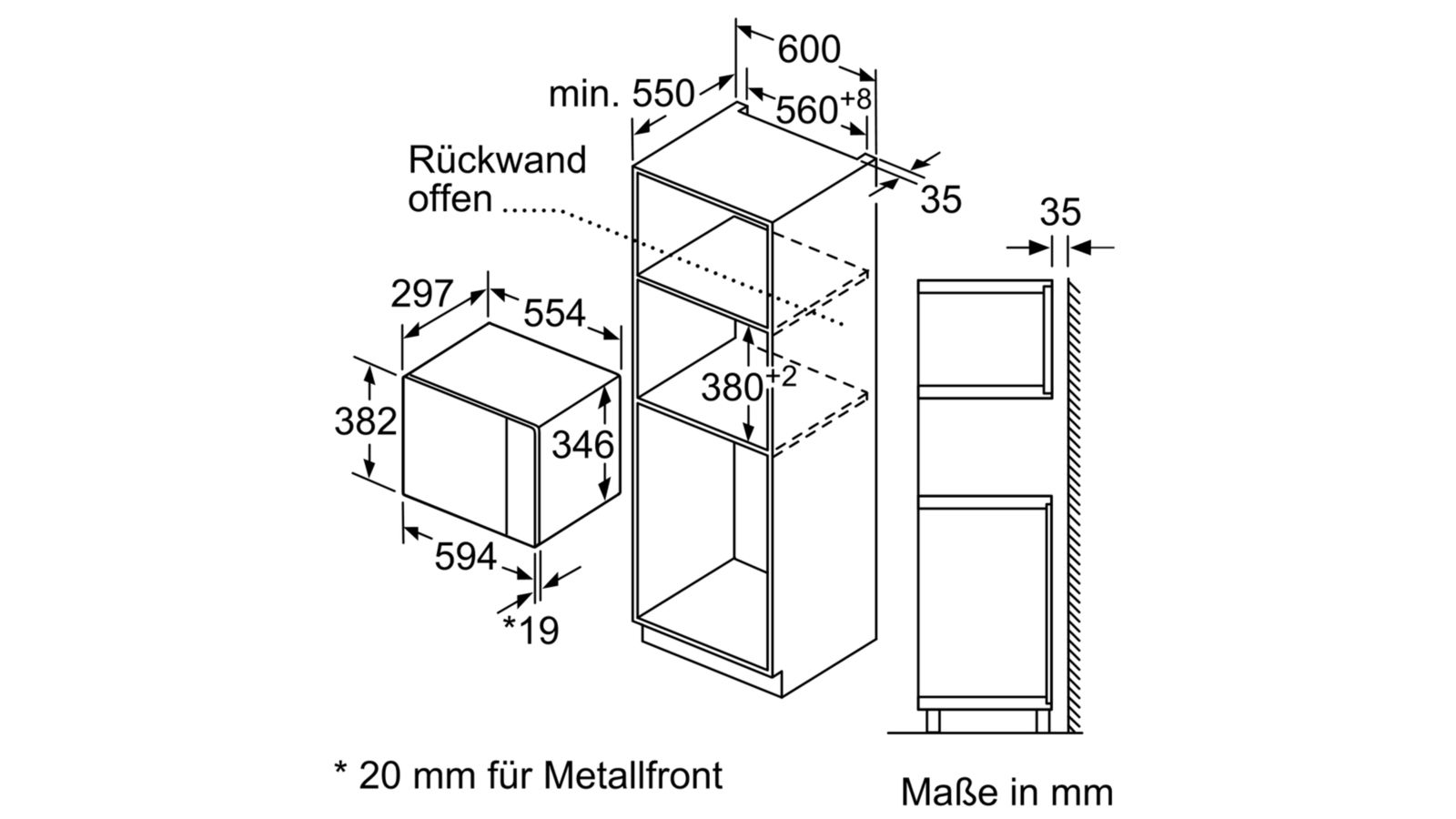Diagramm eines Einbau-Mikrowellenherds und -schranks, mit Abmessungen in mm.