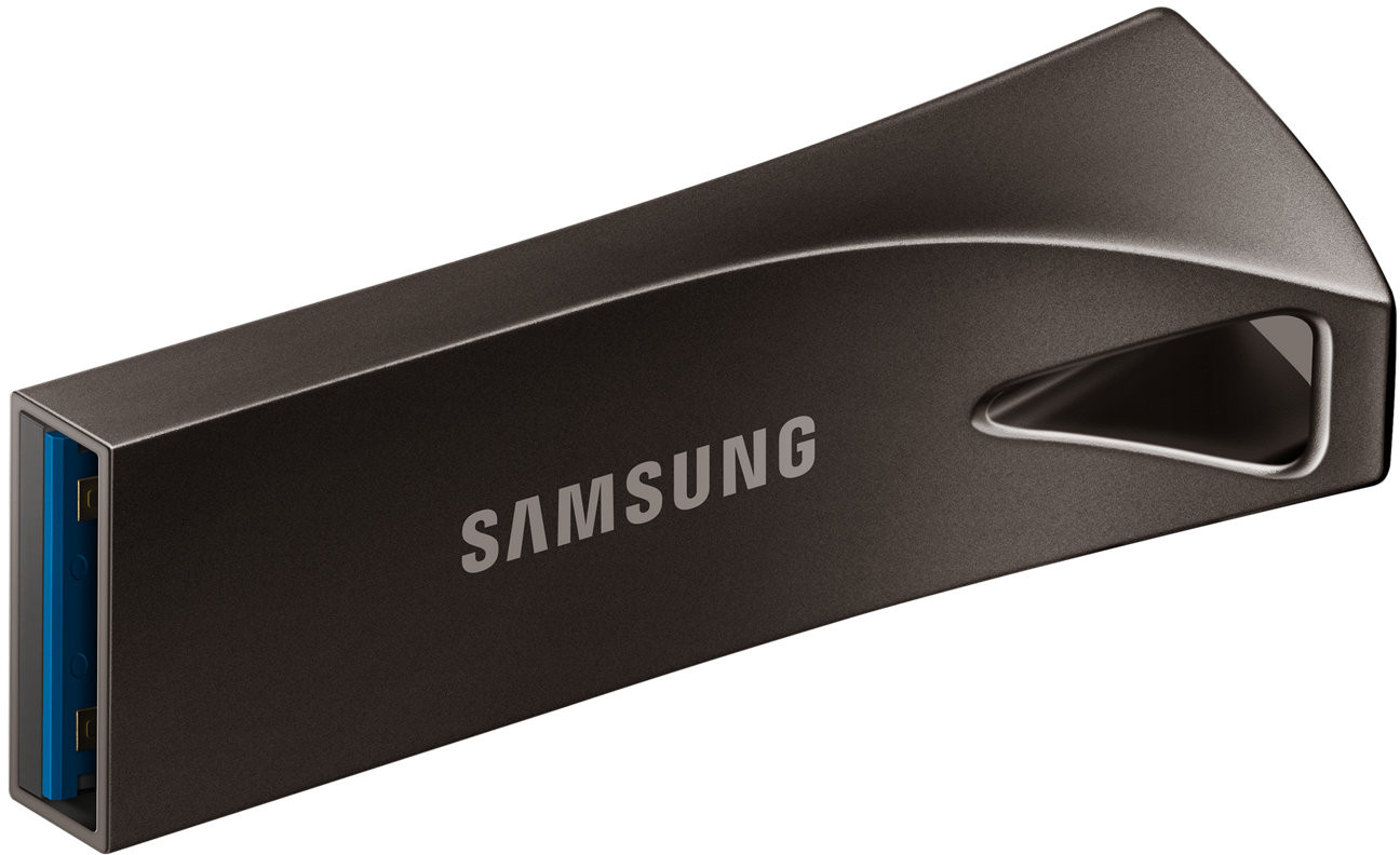A dark gray Samsung USB drive, with the brand name in white.