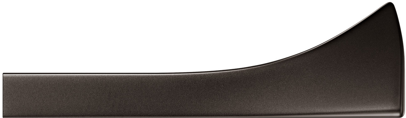 A close-up of a curved, dark-colored door handle, on a white background.