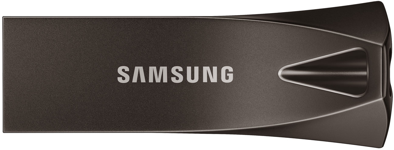 A dark gray Samsung USB drive. The word "SAMSUNG" is printed on the drive.