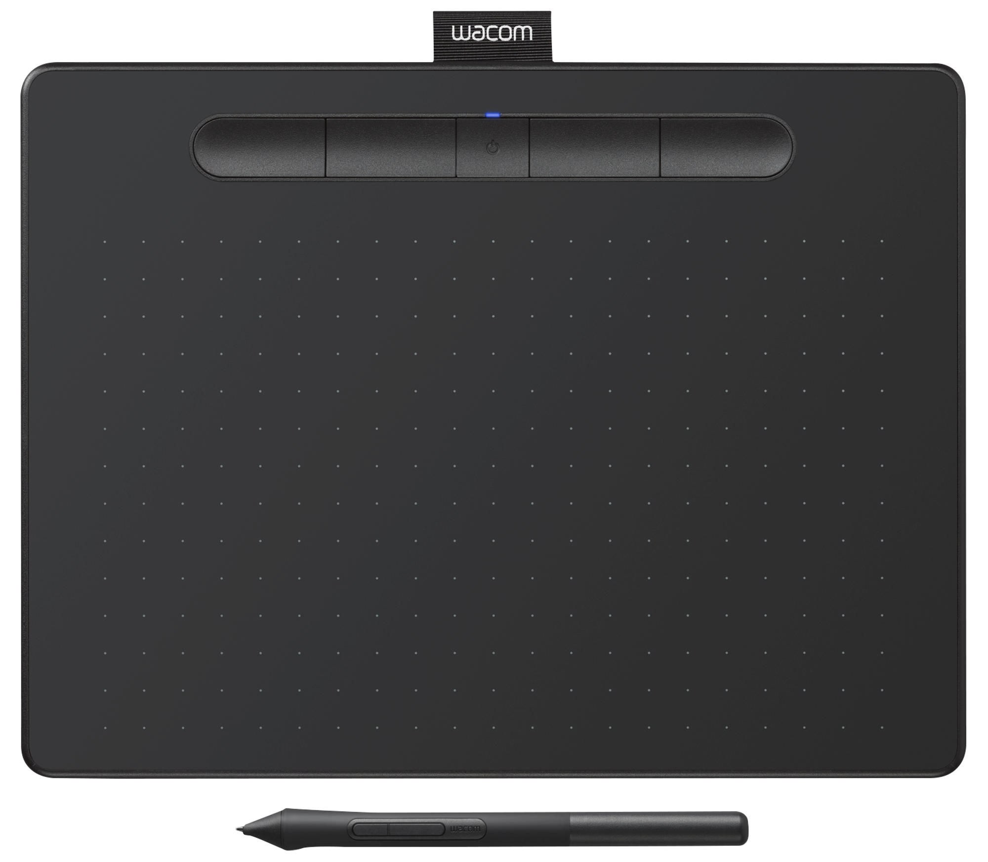 Schwarzes Wacom Zeichentablett mit einem Stift.