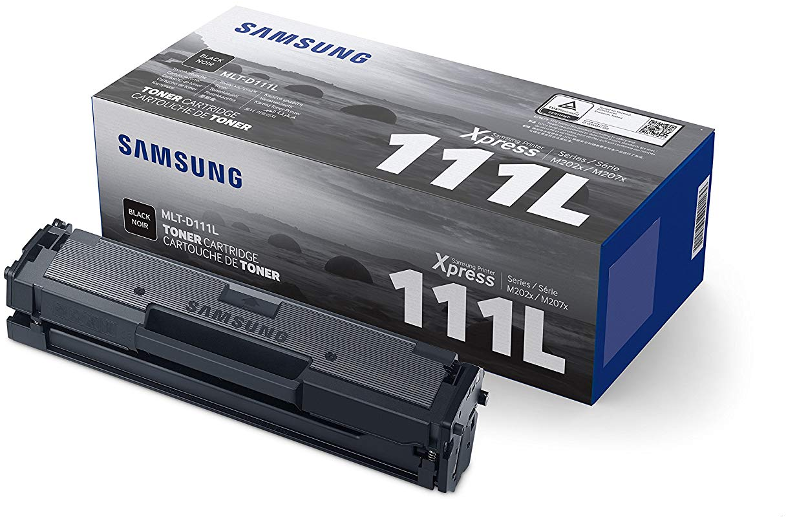 Samsung nyomtató tonerkazetta doboz és kazetta fehér felületen. Fekete és szürke színek.